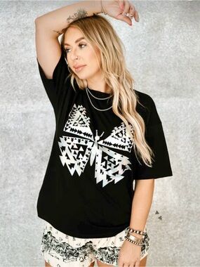 2Fly - Wing it Western Holographic Aztec Butterfly - black unisex tee.